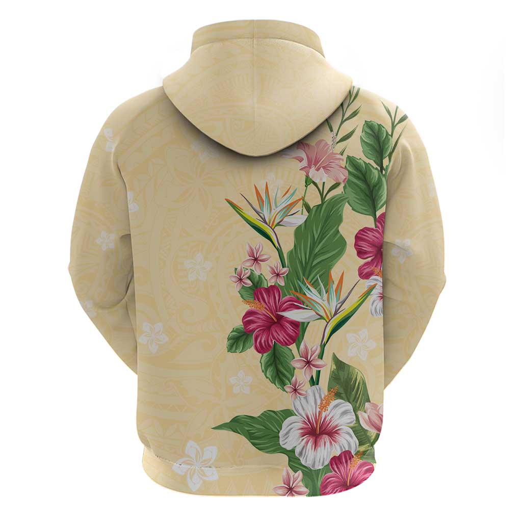Hawaii Tropical Flowers Zip Hoodie Polynesian Tattoo Buttermilk