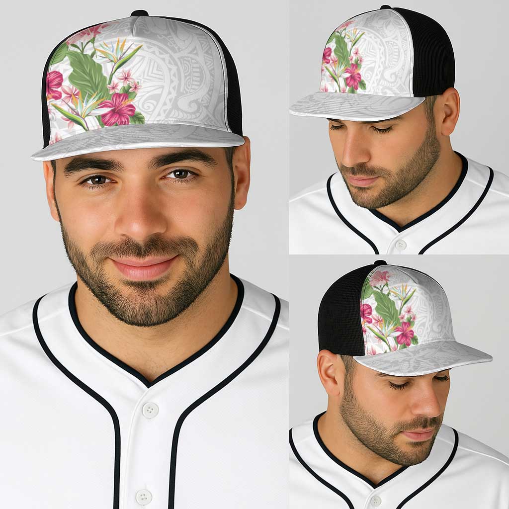 Hawaii Tropical Flowers Baseball Net Cap Polynesian Tattoo White LT05 - Polynesian Pride