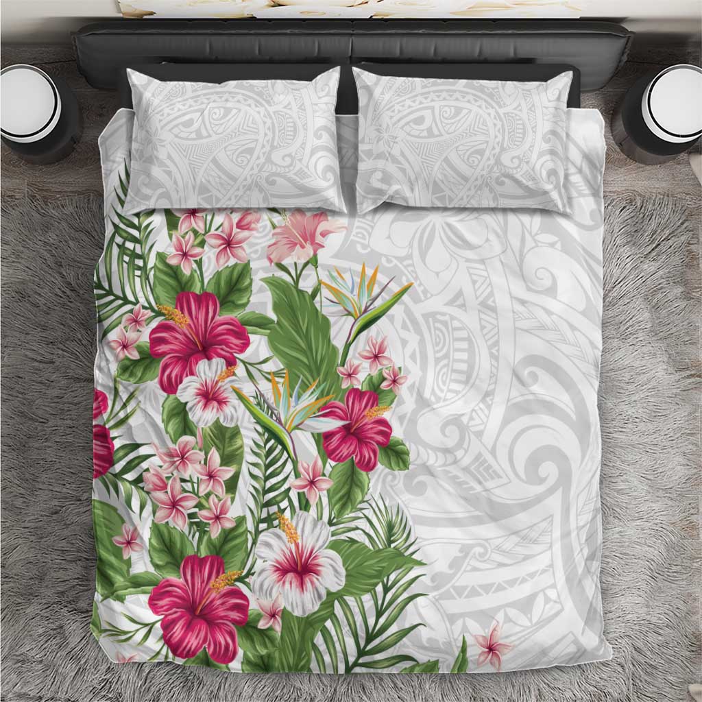 Hawaii Tropical Flowers Bedding Set Polynesian Tattoo White