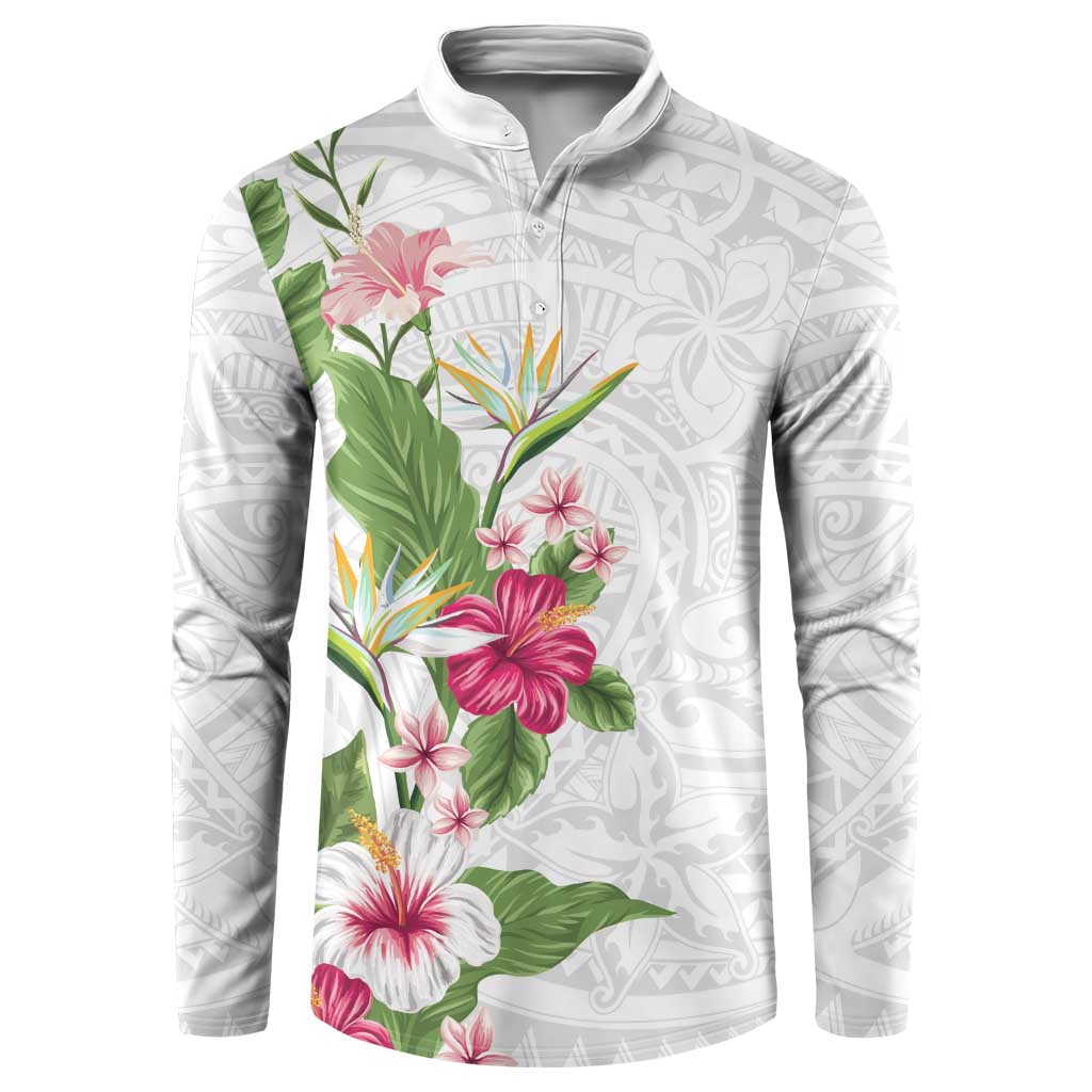 Hawaii Tropical Flowers Button Sweatshirt Polynesian Tattoo White