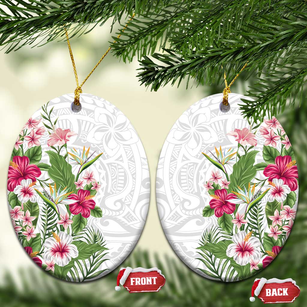 Hawaii Tropical Flowers Ceramic Ornament Polynesian Tattoo White LT05 Oval White - Polynesian Pride