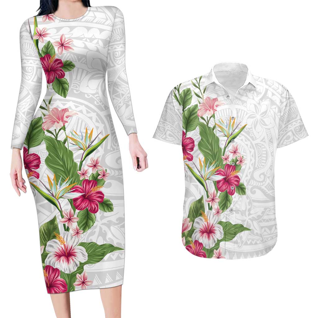 Hawaii Tropical Flowers Couples Matching Long Sleeve Bodycon Dress and Hawaiian Shirt Polynesian Tattoo White