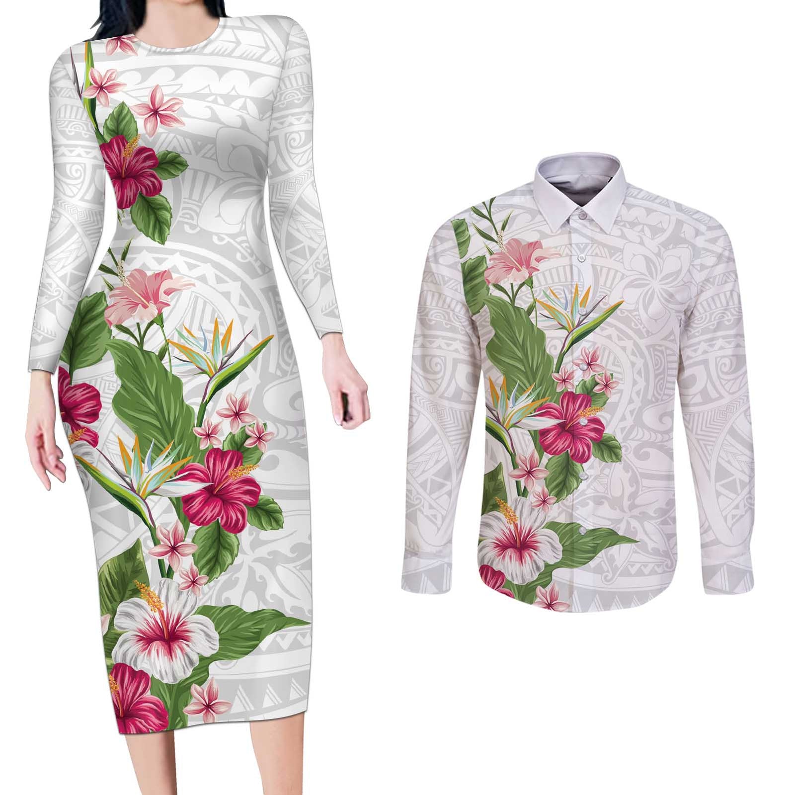 Hawaii Tropical Flowers Couples Matching Long Sleeve Bodycon Dress and Long Sleeve Button Shirt Polynesian Tattoo White LT05 White - Polynesian Pride