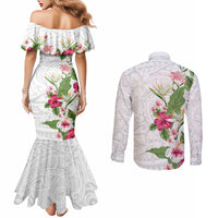 Hawaii Tropical Flowers Couples Matching Mermaid Dress and Long Sleeve Button Shirt Polynesian Tattoo White LT05 - Polynesian Pride