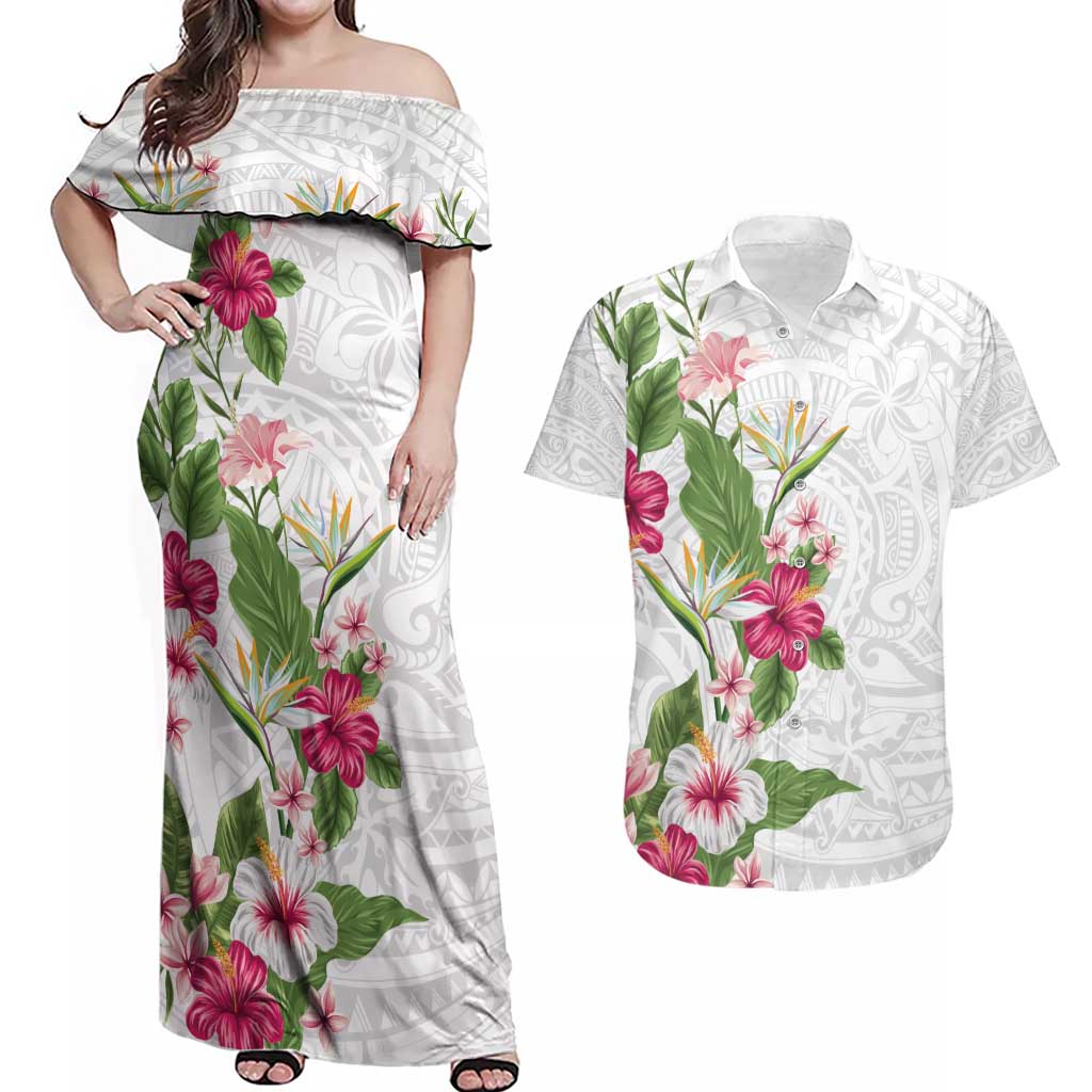 Hawaii Tropical Flowers Couples Matching Off Shoulder Maxi Dress and Hawaiian Shirt Polynesian Tattoo White