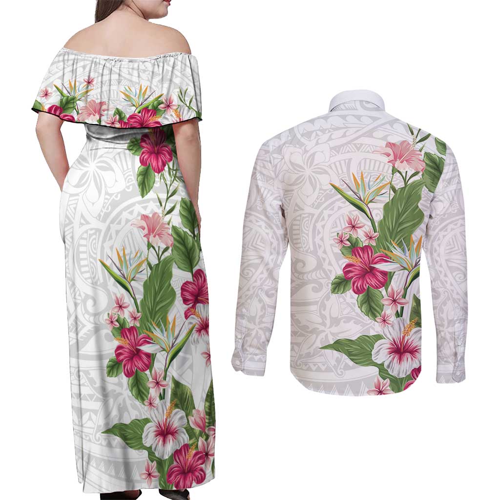 Hawaii Tropical Flowers Couples Matching Off Shoulder Maxi Dress and Long Sleeve Button Shirt Polynesian Tattoo White LT05 - Polynesian Pride