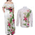 Hawaii Tropical Flowers Couples Matching Off Shoulder Maxi Dress and Long Sleeve Button Shirt Polynesian Tattoo White