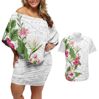 Hawaii Tropical Flowers Couples Matching Off Shoulder Short Dress and Hawaiian Shirt Polynesian Tattoo White LT05 White - Polynesian Pride