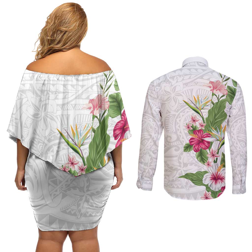 Hawaii Tropical Flowers Couples Matching Off Shoulder Short Dress and Long Sleeve Button Shirt Polynesian Tattoo White LT05 - Polynesian Pride