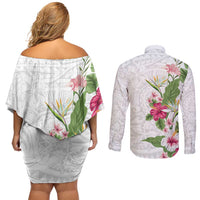 Hawaii Tropical Flowers Couples Matching Off Shoulder Short Dress and Long Sleeve Button Shirt Polynesian Tattoo White LT05 - Polynesian Pride