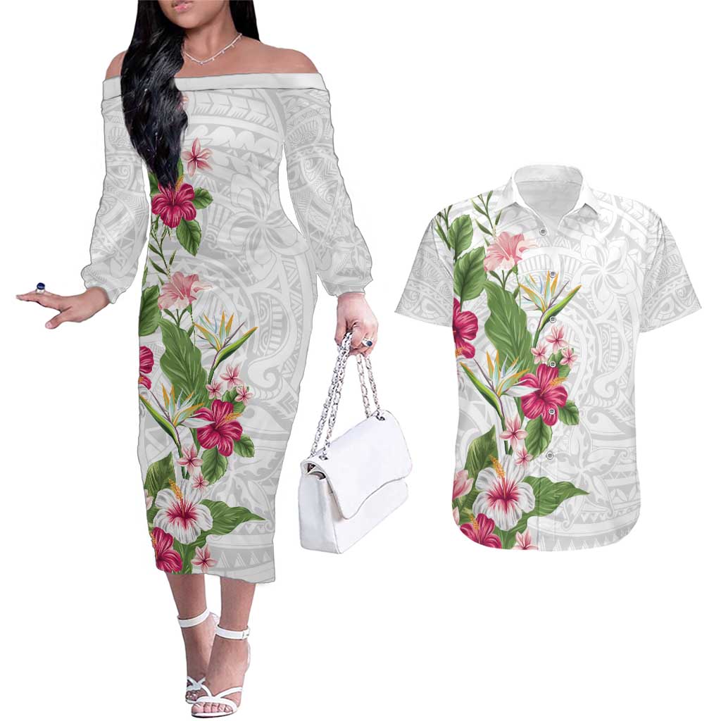 Hawaii Tropical Flowers Couples Matching Off The Shoulder Long Sleeve Dress and Hawaiian Shirt Polynesian Tattoo White LT05 White - Polynesian Pride