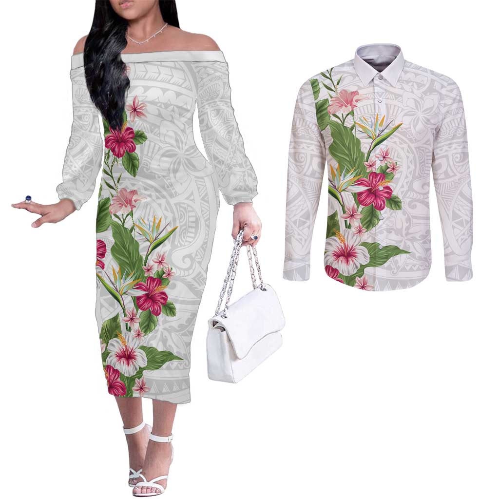 Hawaii Tropical Flowers Couples Matching Off The Shoulder Long Sleeve Dress and Long Sleeve Button Shirt Polynesian Tattoo White LT05 White - Polynesian Pride