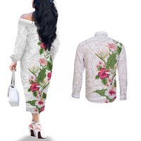 Hawaii Tropical Flowers Couples Matching Off The Shoulder Long Sleeve Dress and Long Sleeve Button Shirt Polynesian Tattoo White LT05 - Polynesian Pride