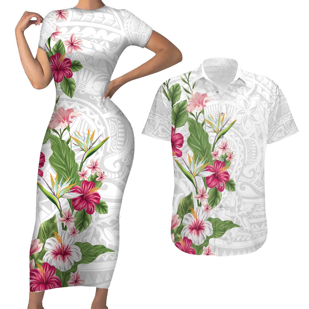 Hawaii Tropical Flowers Couples Matching Short Sleeve Bodycon Dress and Hawaiian Shirt Polynesian Tattoo White LT05 White - Polynesian Pride