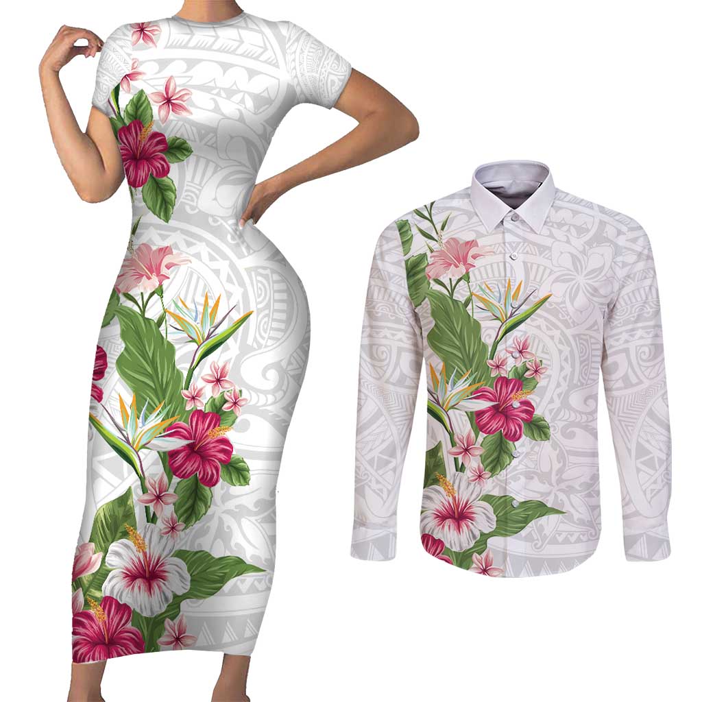 Hawaii Tropical Flowers Couples Matching Short Sleeve Bodycon Dress and Long Sleeve Button Shirt Polynesian Tattoo White LT05 White - Polynesian Pride