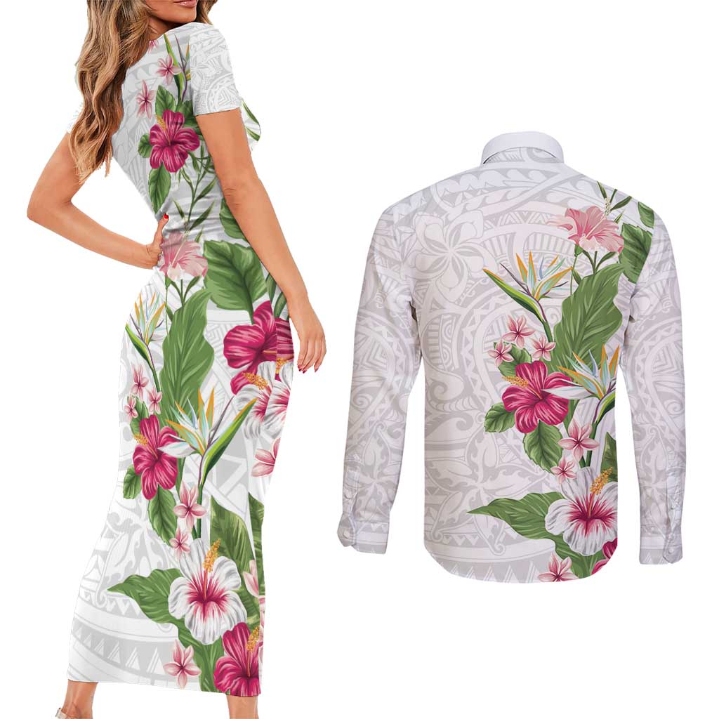 Hawaii Tropical Flowers Couples Matching Short Sleeve Bodycon Dress and Long Sleeve Button Shirt Polynesian Tattoo White LT05 - Polynesian Pride