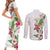 Hawaii Tropical Flowers Couples Matching Short Sleeve Bodycon Dress and Long Sleeve Button Shirt Polynesian Tattoo White