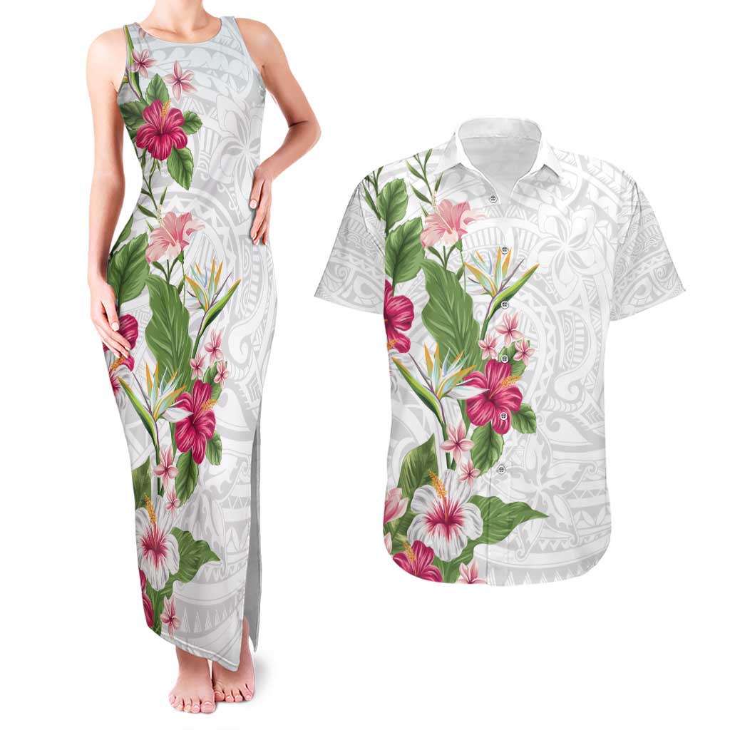 Hawaii Tropical Flowers Couples Matching Tank Maxi Dress and Hawaiian Shirt - Polynesian Tattoo White LT05 White - Polynesian Pride