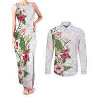 Hawaii Tropical Flowers Couples Matching Tank Maxi Dress and Long Sleeve Button Shirt Polynesian Tattoo White LT05 White - Polynesian Pride
