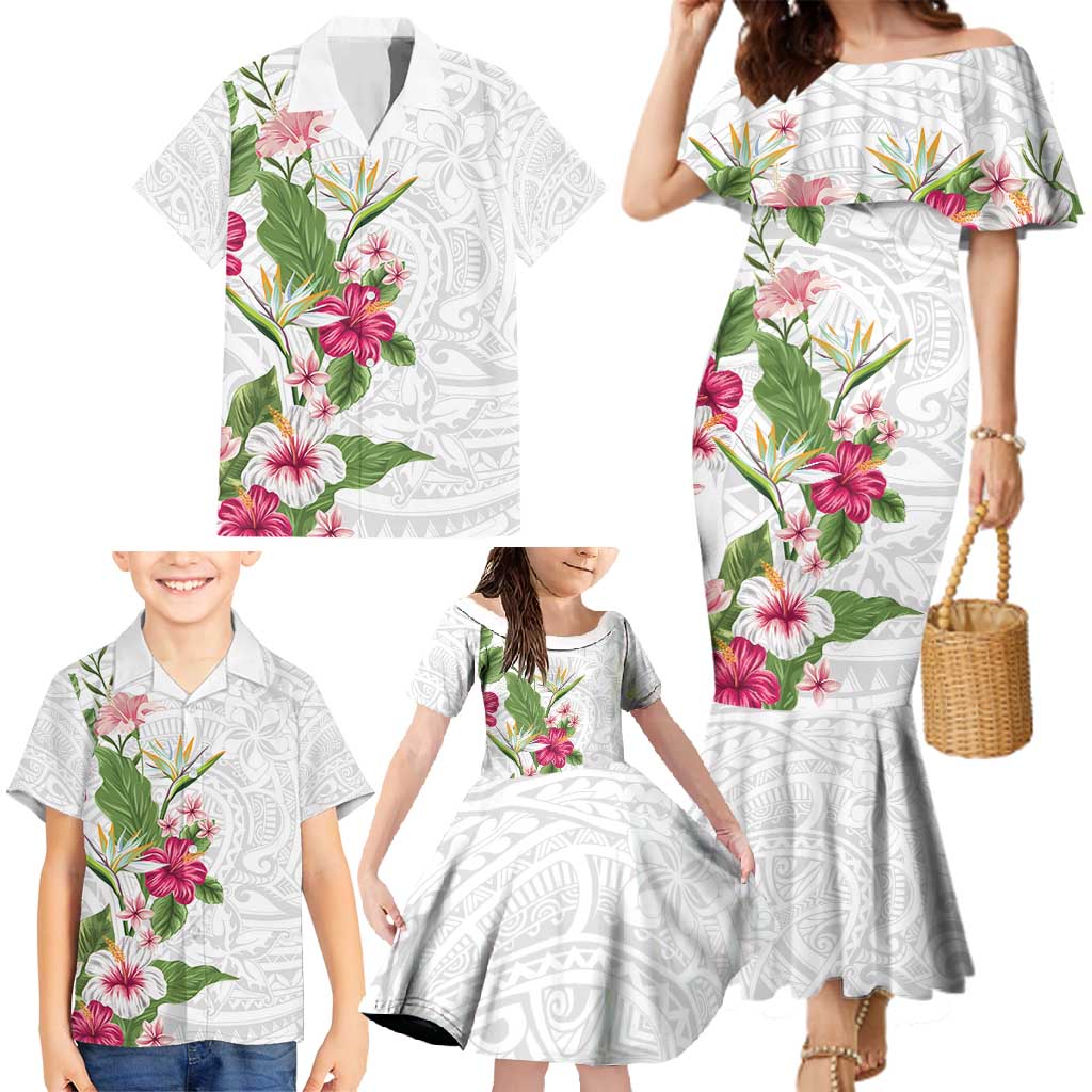 Hawaii Tropical Flowers Family Matching Mermaid Dress and Hawaiian Shirt Polynesian Tattoo White