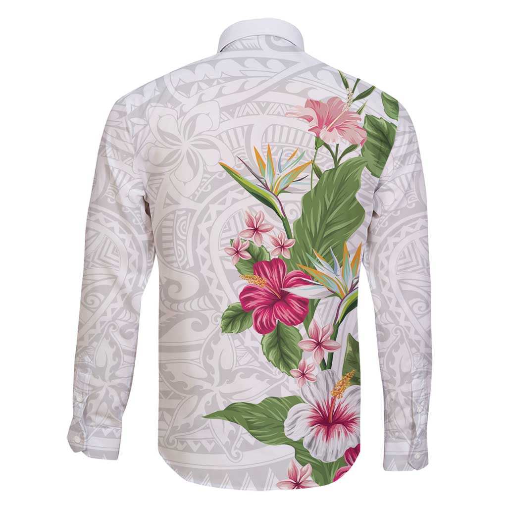 Hawaii Tropical Flowers Family Matching Off Shoulder Maxi Dress and Hawaiian Shirt Polynesian Tattoo White