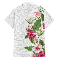 Hawaii Tropical Flowers Family Matching Off Shoulder Short Dress and Hawaiian Shirt Polynesian Tattoo White