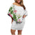 Hawaii Tropical Flowers Family Matching Off Shoulder Short Dress and Hawaiian Shirt Polynesian Tattoo White