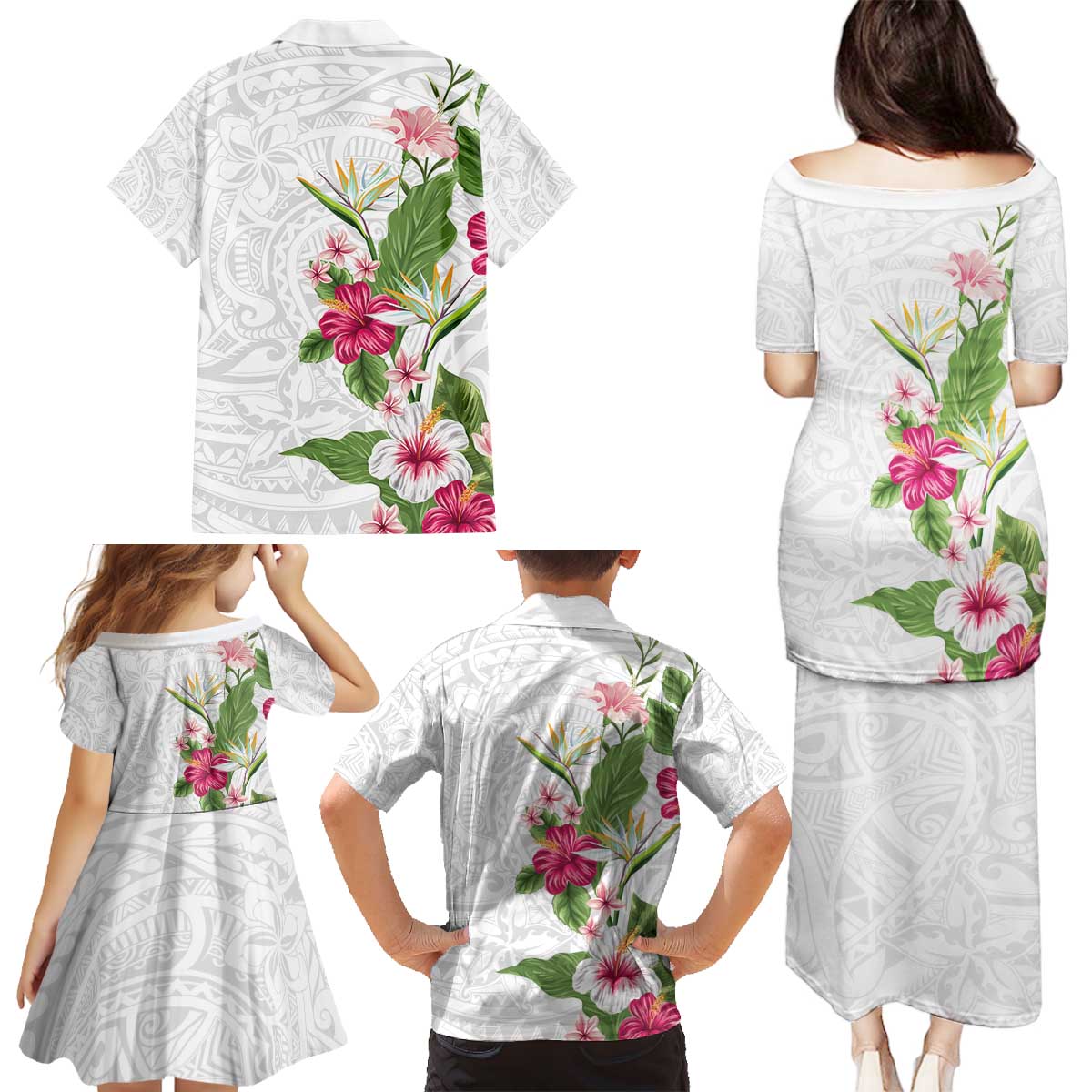 Hawaii Tropical Flowers Family Matching Puletasi and Hawaiian Shirt Polynesian Tattoo White LT05 - Polynesian Pride