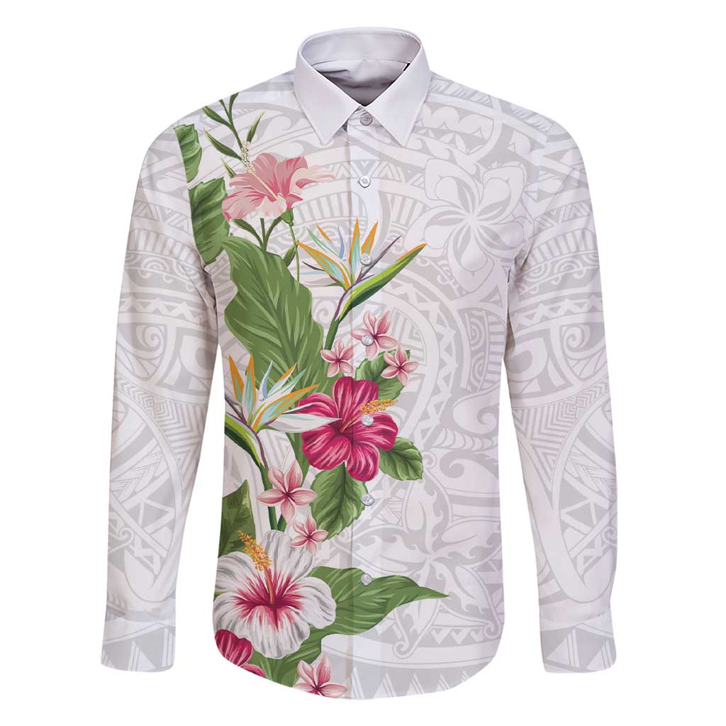 Hawaii Tropical Flowers Family Matching Short Sleeve Bodycon Dress and Hawaiian Shirt Polynesian Tattoo White LT05 Dad's Shirt - Long Sleeve White - Polynesian Pride