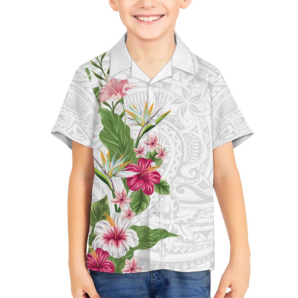Hawaii Tropical Flowers Family Matching Short Sleeve Bodycon Dress and Hawaiian Shirt Polynesian Tattoo White LT05 Son's Shirt White - Polynesian Pride