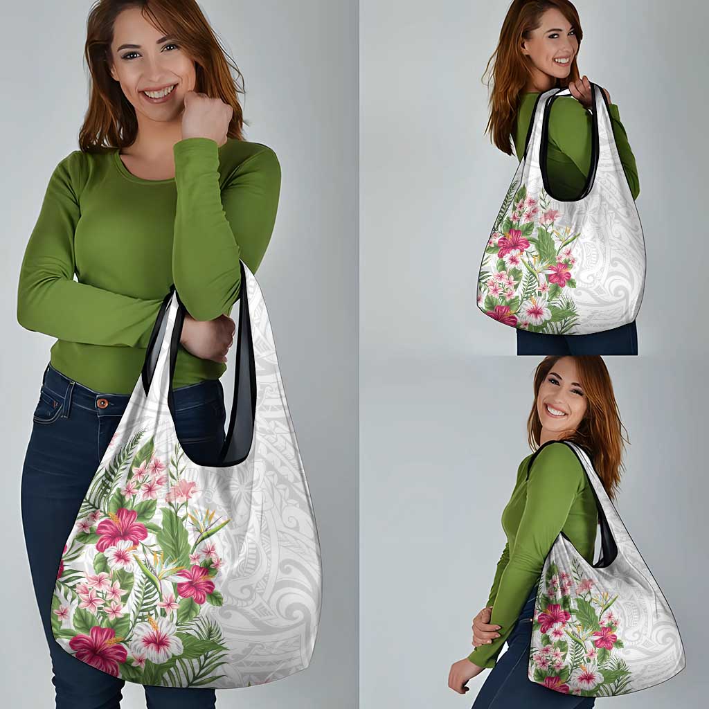 Hawaii Tropical Flowers Grocery Bag Polynesian Tattoo White LT05 - Polynesian Pride