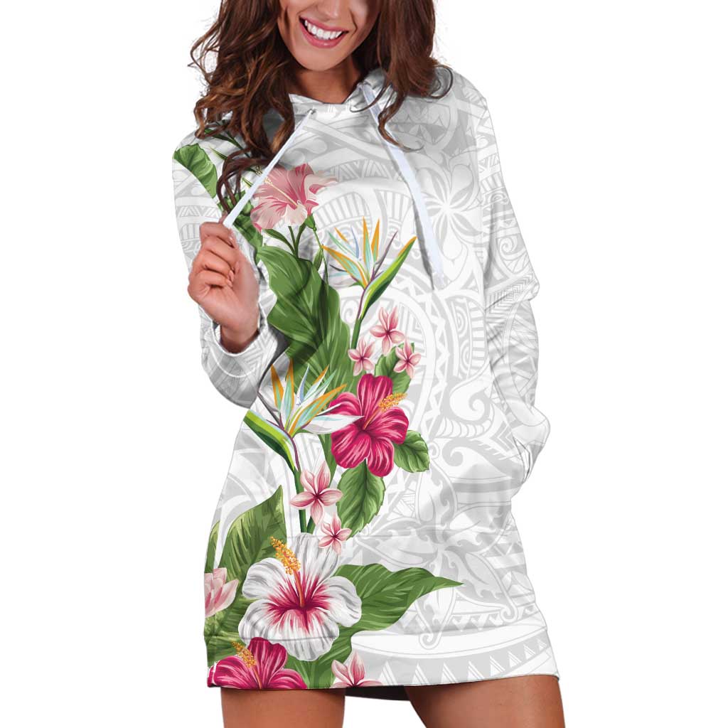 Hawaii Tropical Flowers Hoodie Dress Polynesian Tattoo White