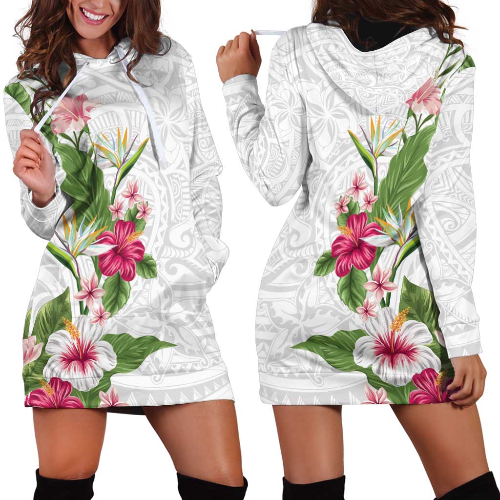 Hawaii Tropical Flowers Hoodie Dress Polynesian Tattoo White LT05 - Polynesian Pride