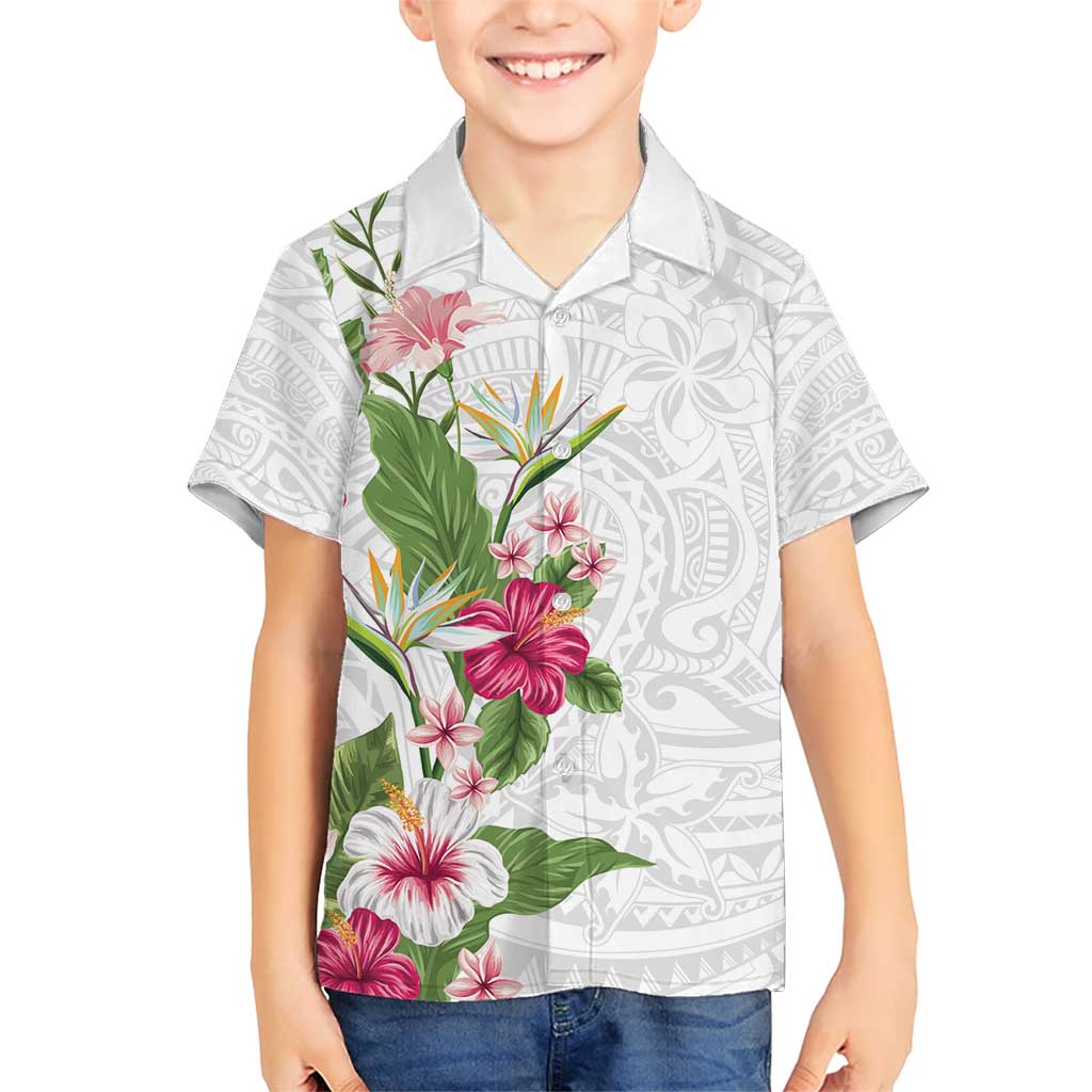 Hawaii Tropical Flowers Kid Hawaiian Shirt Polynesian Tattoo White