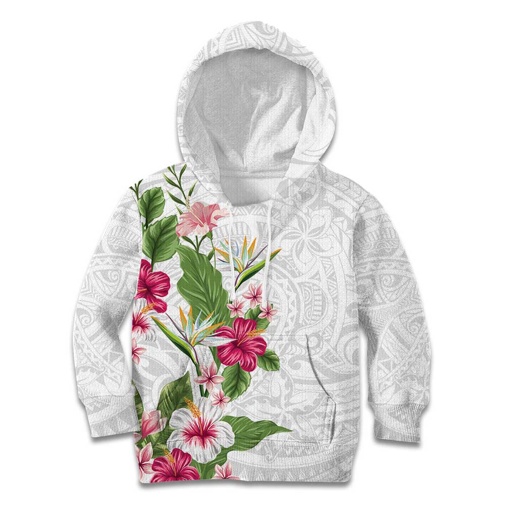 Hawaii Tropical Flowers Kid Hoodie Polynesian Tattoo White