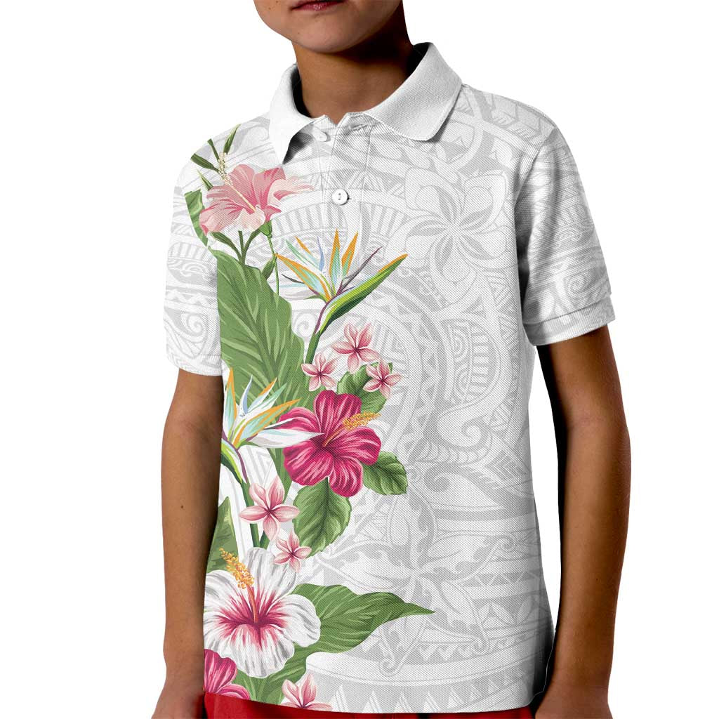 Hawaii Tropical Flowers Kid Polo Shirt Polynesian Tattoo White