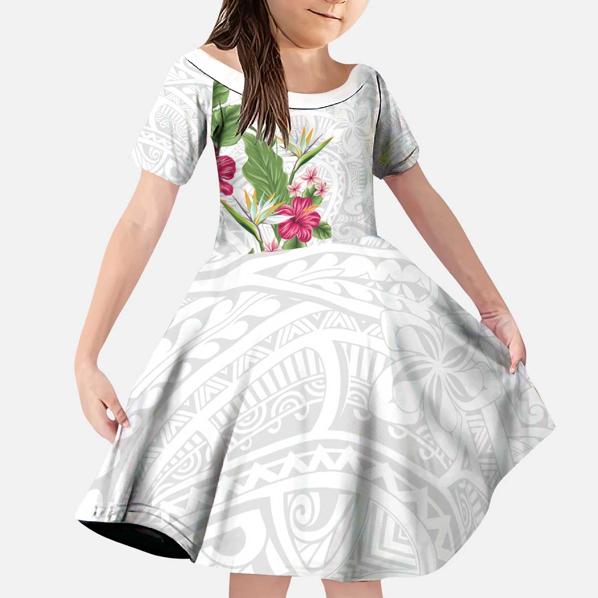 Hawaii Tropical Flowers Kid Short Sleeve Dress Polynesian Tattoo White