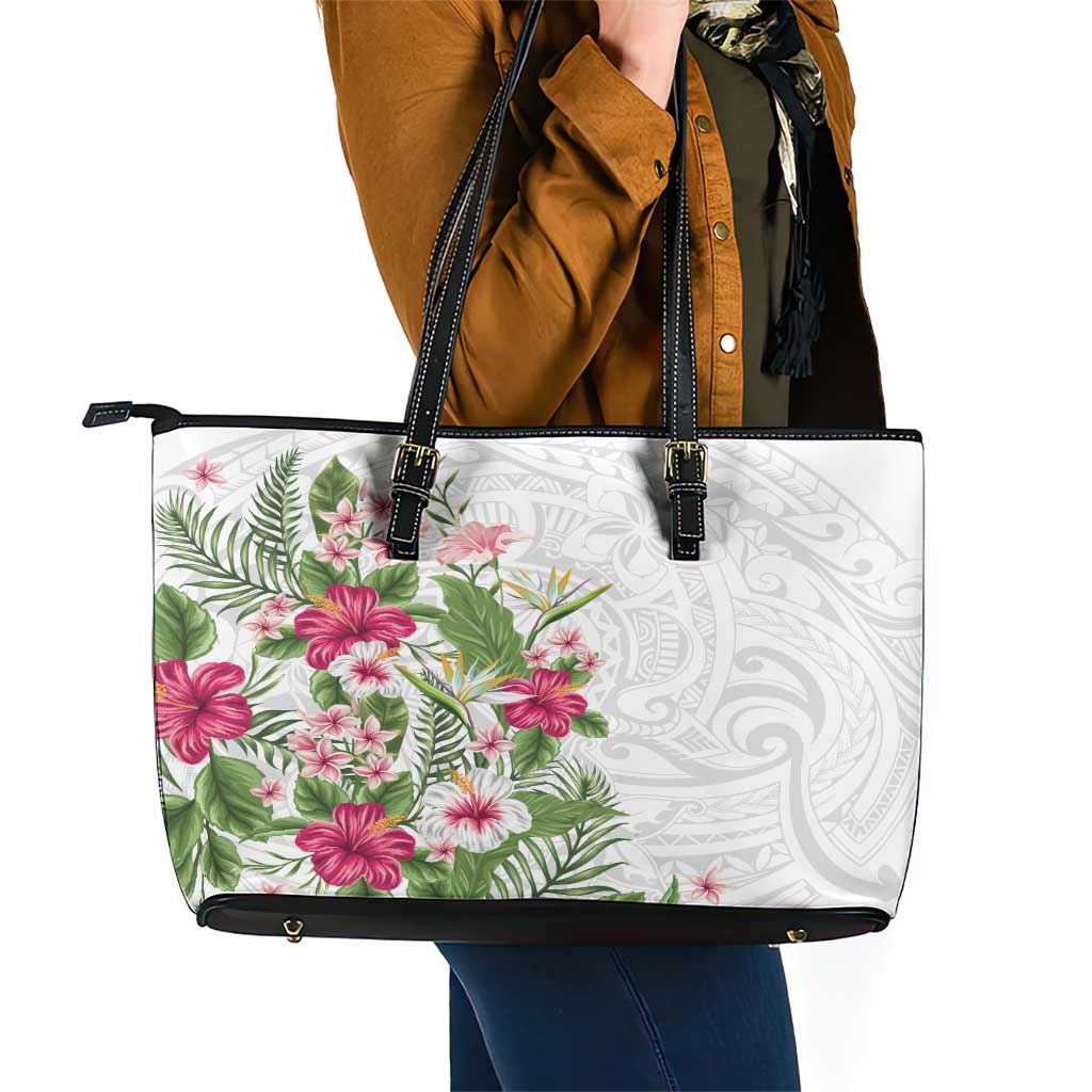 Hawaii Tropical Flowers Leather Tote Bag Polynesian Tattoo White LT05 - Polynesian Pride