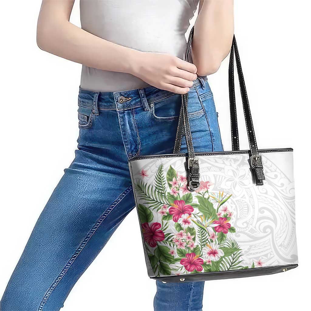 Hawaii Tropical Flowers Leather Tote Bag Polynesian Tattoo White LT05 - Polynesian Pride
