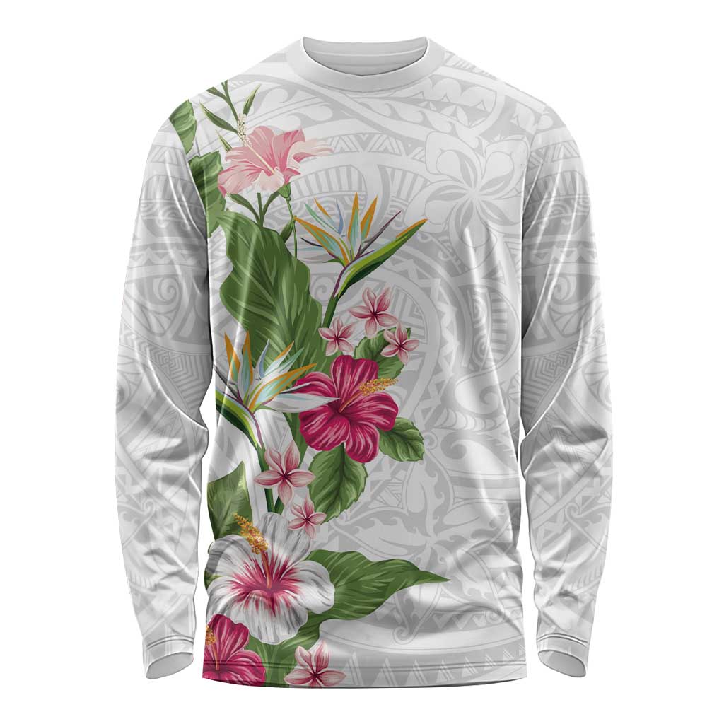 Hawaii Tropical Flowers Long Sleeve Shirt Polynesian Tattoo White