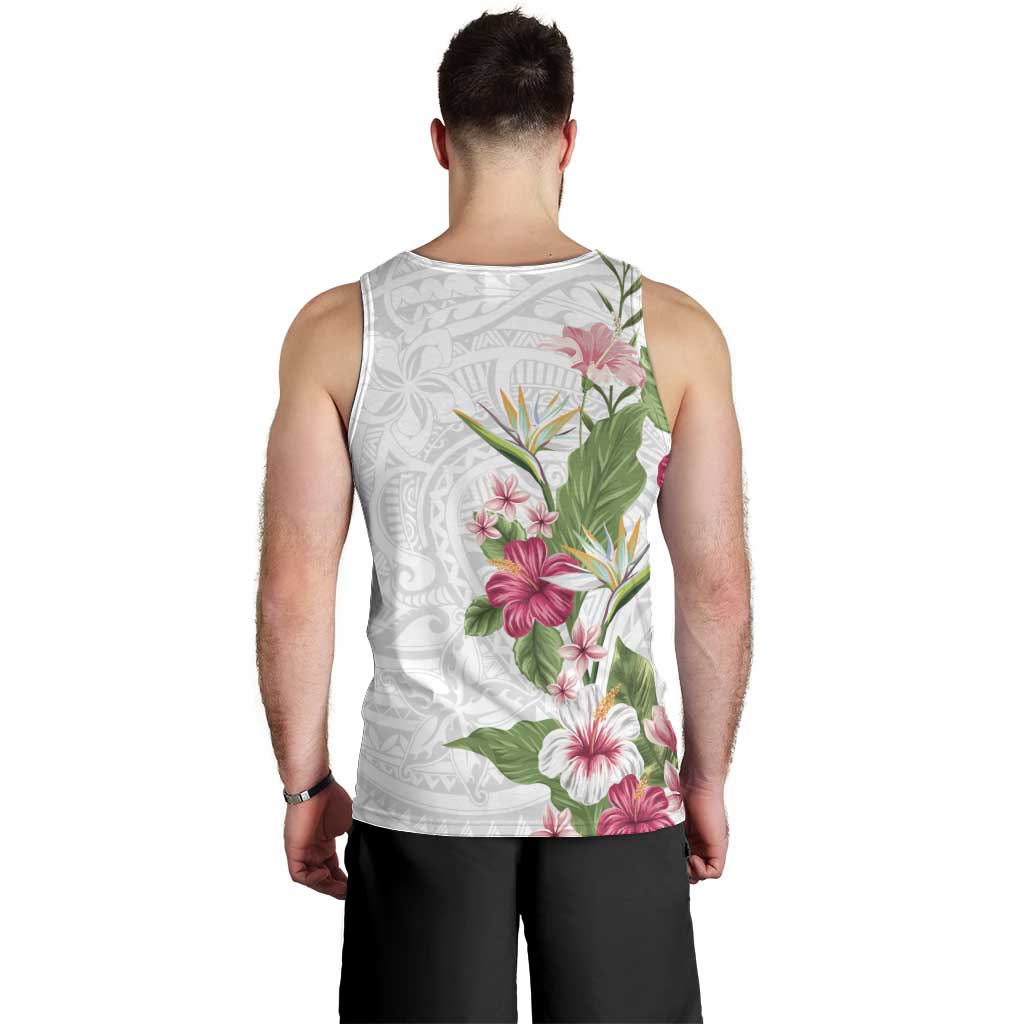 Hawaii Tropical Flowers Men Tank Top Polynesian Tattoo White LT05 - Polynesian Pride