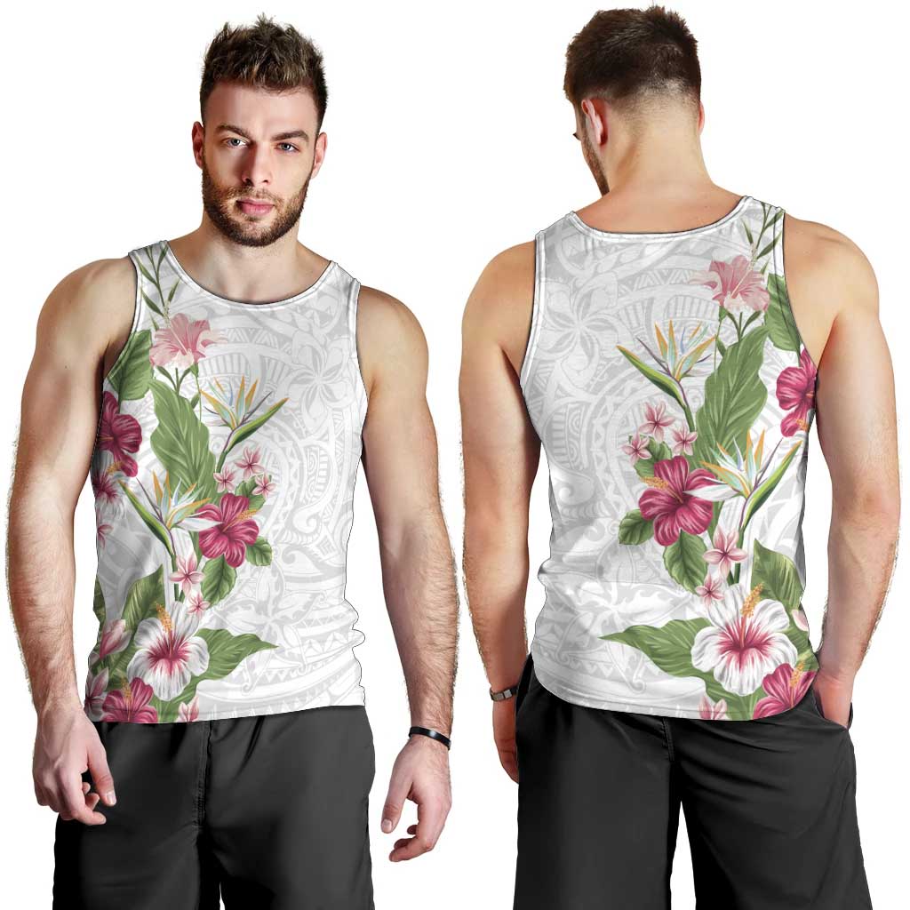 Hawaii Tropical Flowers Men Tank Top Polynesian Tattoo White LT05 - Polynesian Pride