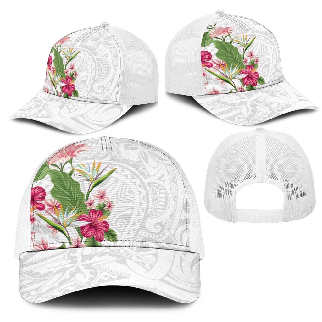 Hawaii Tropical Flowers Mesh Trucker Cap Polynesian Tattoo White LT05 - Polynesian Pride