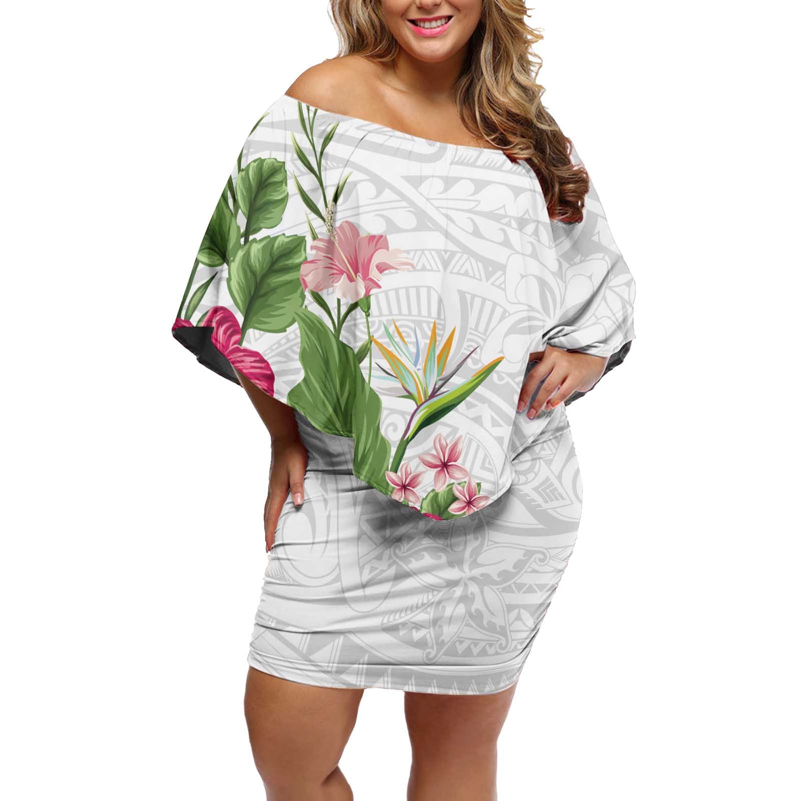 Hawaii Tropical Flowers Off Shoulder Short Dress Polynesian Tattoo White LT05 Women White - Polynesian Pride