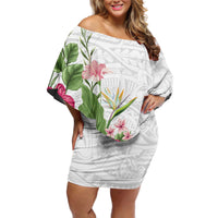 Hawaii Tropical Flowers Off Shoulder Short Dress Polynesian Tattoo White LT05 Women White - Polynesian Pride