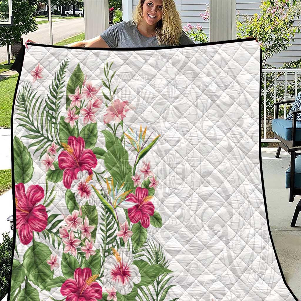 Hawaii Tropical Flowers Quilt Polynesian Tattoo White