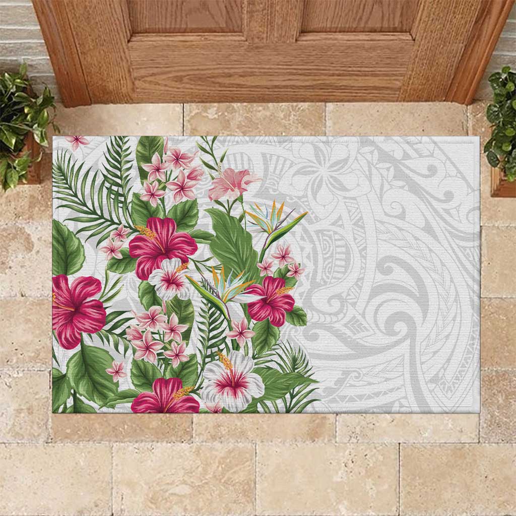 Hawaii Tropical Flowers Rubber Doormat Polynesian Tattoo White