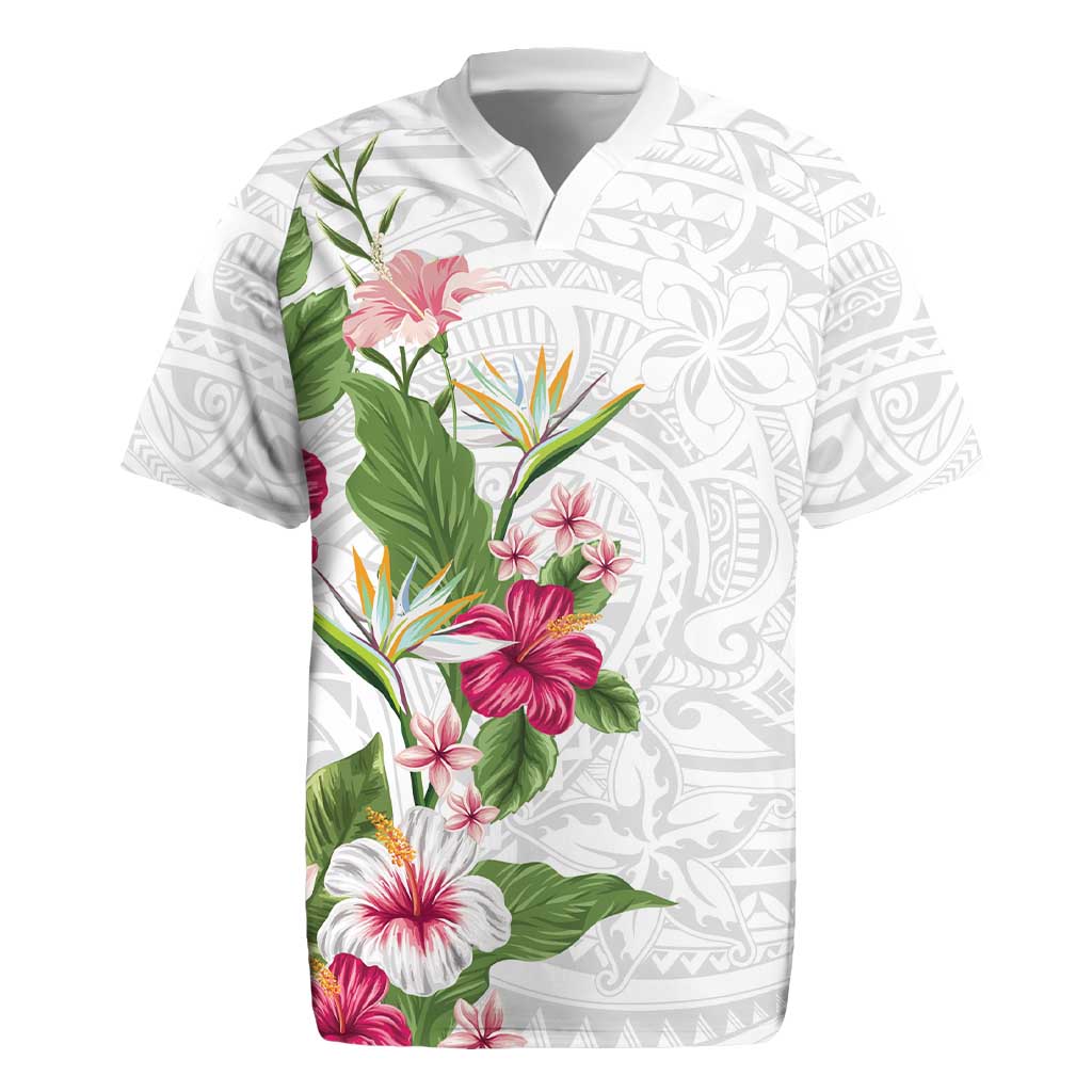 Hawaii Tropical Flowers Rugby Jersey Polynesian Tattoo White