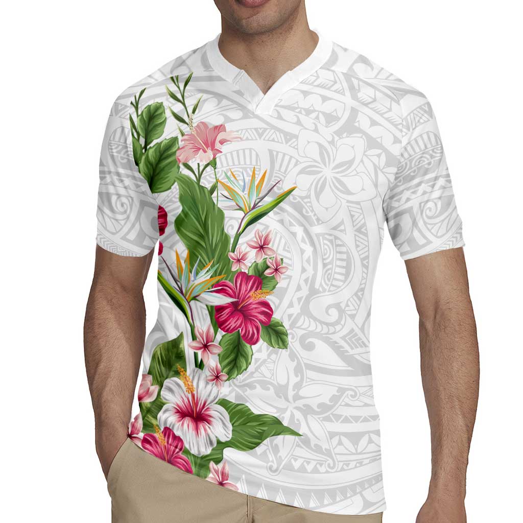Hawaii Tropical Flowers Rugby Jersey Polynesian Tattoo White LT05 - Polynesian Pride