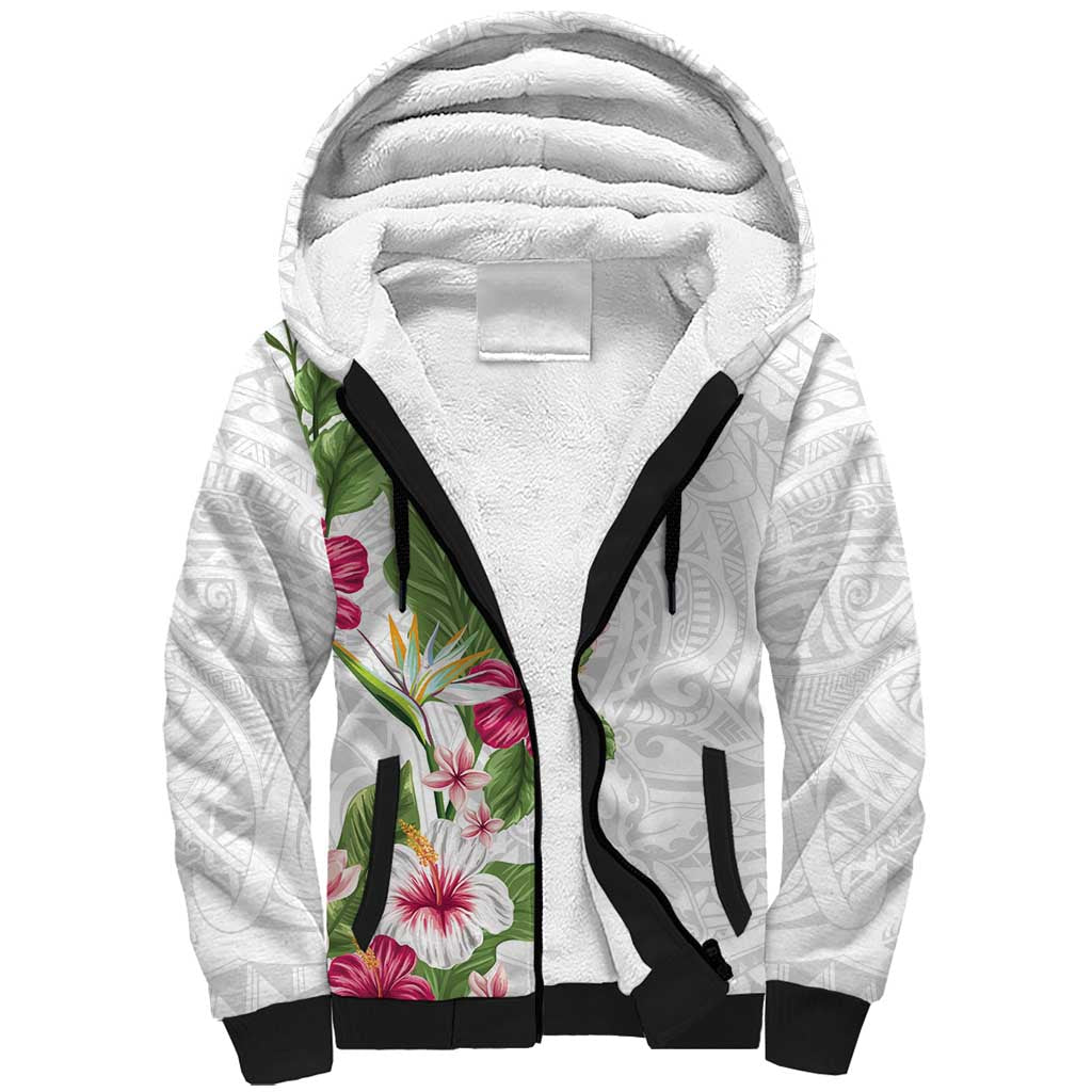 Hawaii Tropical Flowers Sherpa Hoodie Polynesian Tattoo White LT05 Unisex White - Polynesian Pride